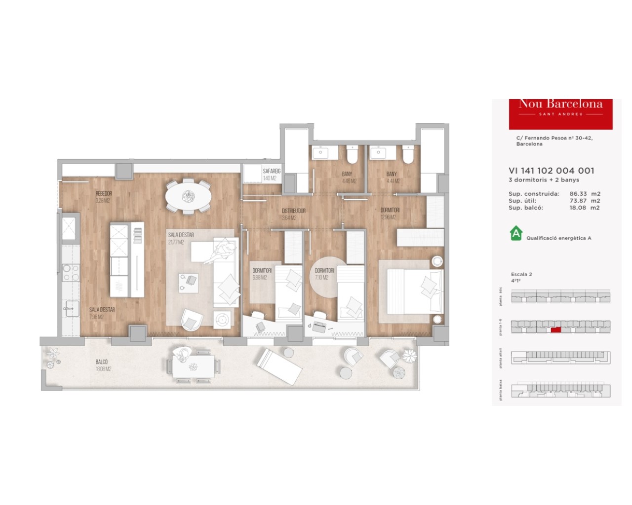 Apartamento en Barcelona, España 3 dormitorios, 86 m2 No. 159430