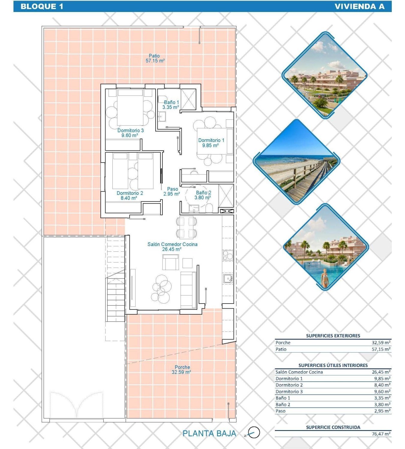 Bungalow a Pilar de la Horadada, Alicante, Spagna 3 camere da letto, 77 mq. N° 135395