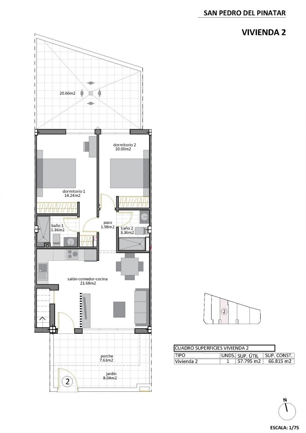 Bungalow i San Pedro del Pinatar, Murcia, Spanien 2 sovrum, 66 kvm. Nr. 111159