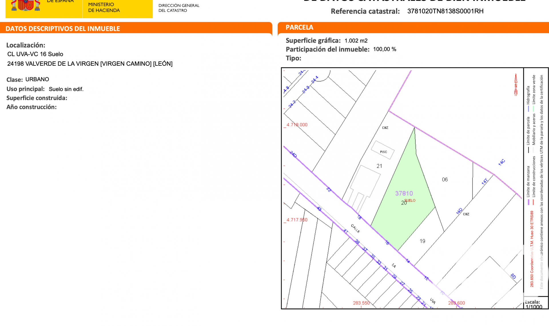 Zemes gabals Valverde de la Virgen, Leon, Spānijā 1002 m2 Nr. 185418