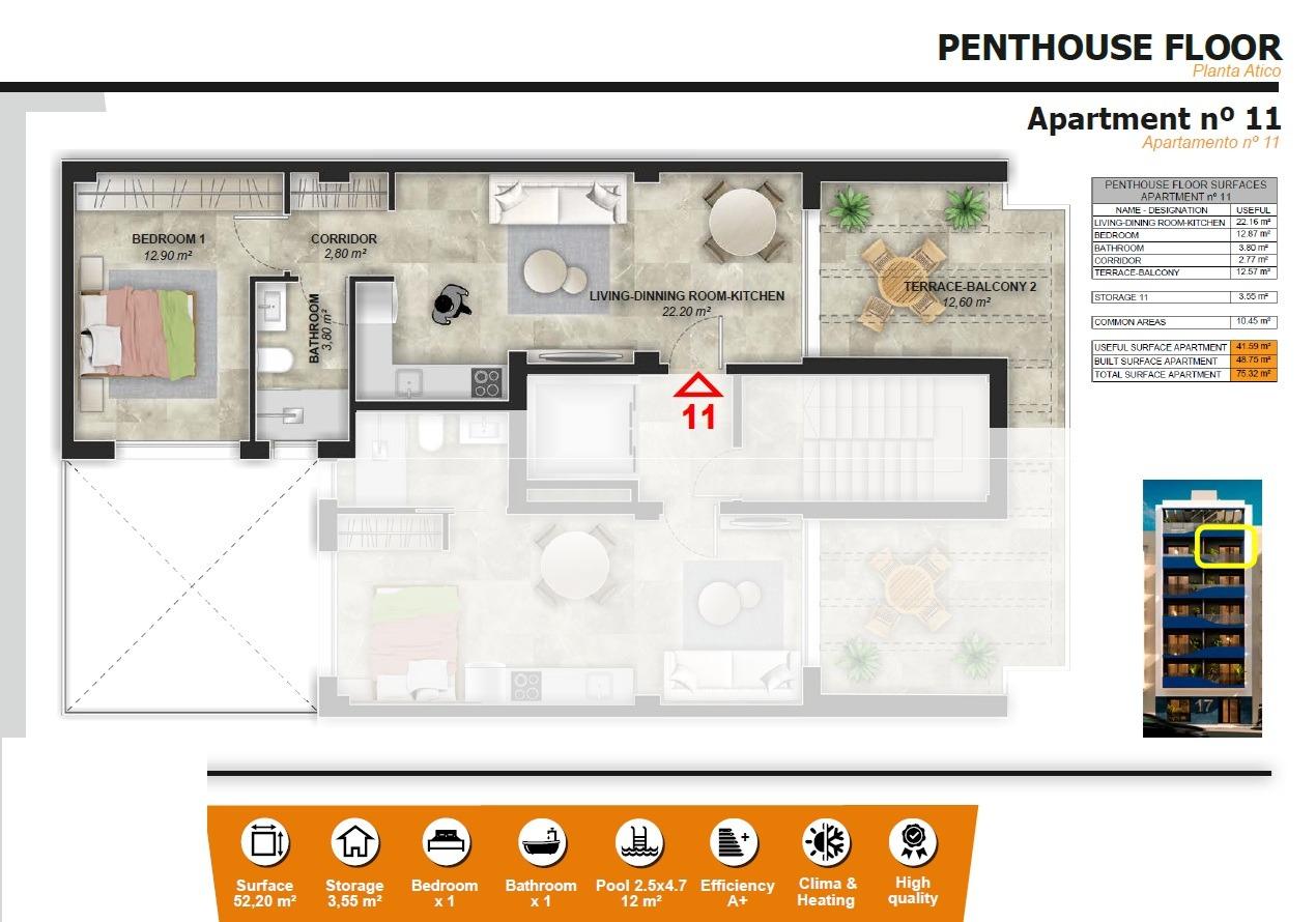 Penthouse à Torrevieja, Alicante, Espagne 1 chambre, 75 m2 No. 128572